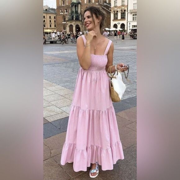 Zara Bloggers Favorite Strappy Poplin Midi Dress Ruffled Hem Pink size Medium - Picture 2 of 5
